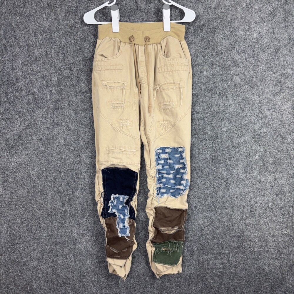 American Stitch Pants Mens Sz S Beige Patch Work Jogger HipHop Streetwear Grunge